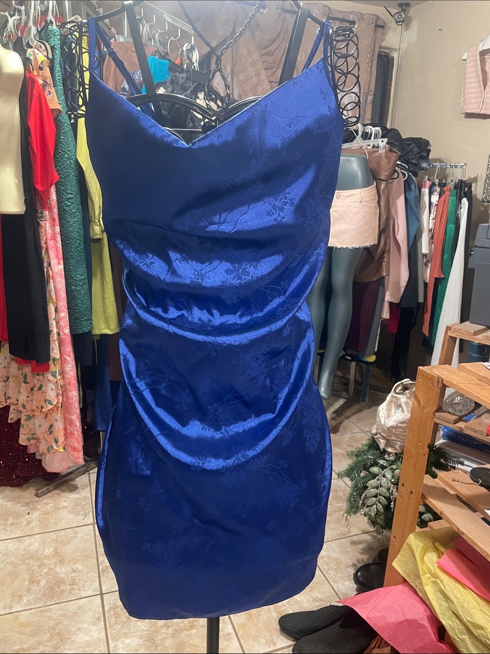 Royal Blue Satin Mini Dress with Cowl Neck